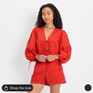 Red V-Neck tie top with Puff Sleeves